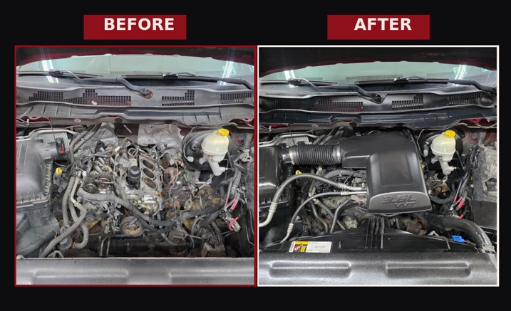 Before-and-after view of a 3.6-liter engine replacement completed at Wrenches