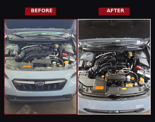 Before-and-after view of a Subaru engine replacement completed at Wrenches
